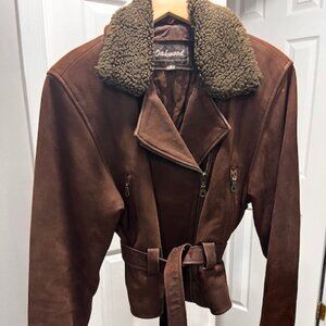 Aviator Bomber Genuine Suede Jacket with Faux Fur Collar